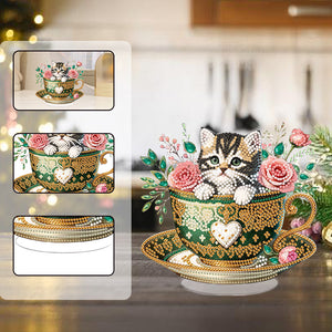 Special Shape Single-Side Cute Cat in Cup Desktop Diamond Art Kit for Home Decor