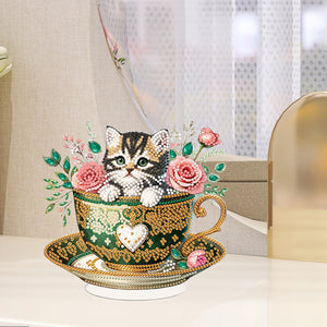 Special Shape Single-Side Cute Cat in Cup Desktop Diamond Art Kit for Home Decor