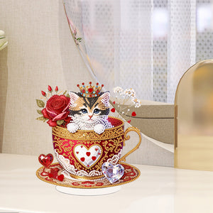 Special Shape Single-Side Cute Cat in Cup Desktop Diamond Art Kit for Home Decor