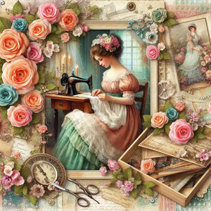 Woman Using Sewing Machine 30*30CM(Canvas) Full Round Drill Diamond Painting