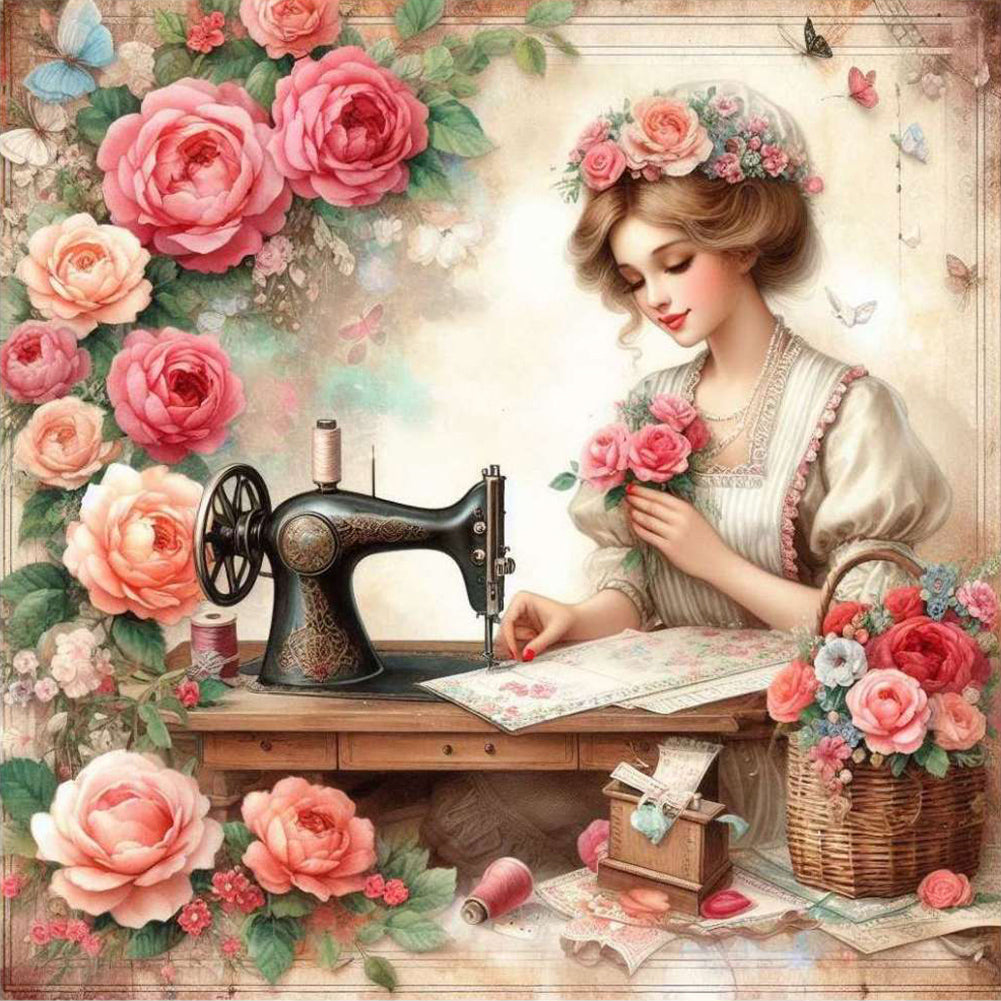 Woman Using Sewing Machine 30*30CM(Canvas) Full Round Drill Diamond Painting