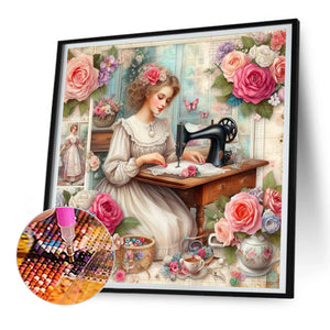 Woman Using Sewing Machine 30*30CM(Canvas) Full Round Drill Diamond Painting