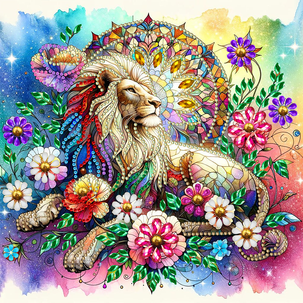 Flower Lion 30*30CM(Canvas) Partial Special Shaped Drill Diamond Painting