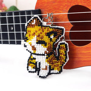 DIY Full Beads Cat Shape Printed Embroidery Keychains Cross Stitch Pendant