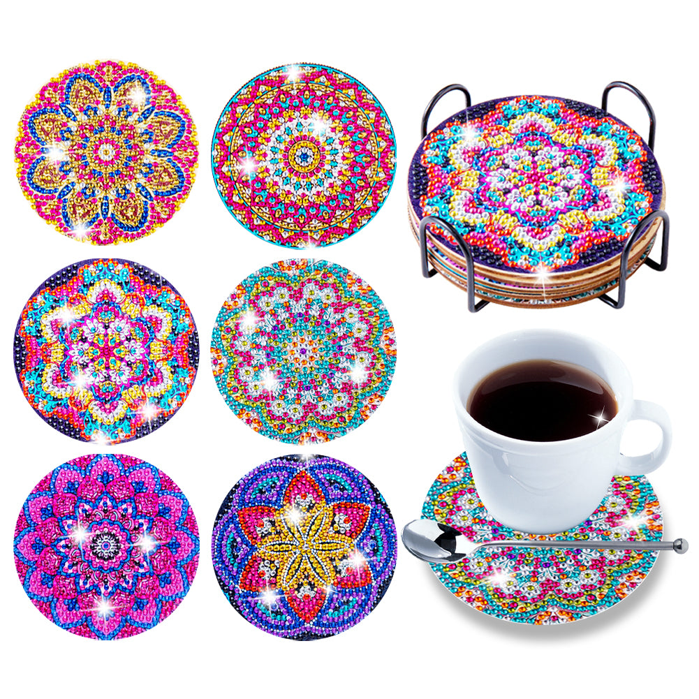 DIY Diamonds Painting Coaster Datura Wooden Cup Mat with Rack Home Decor (BD014)