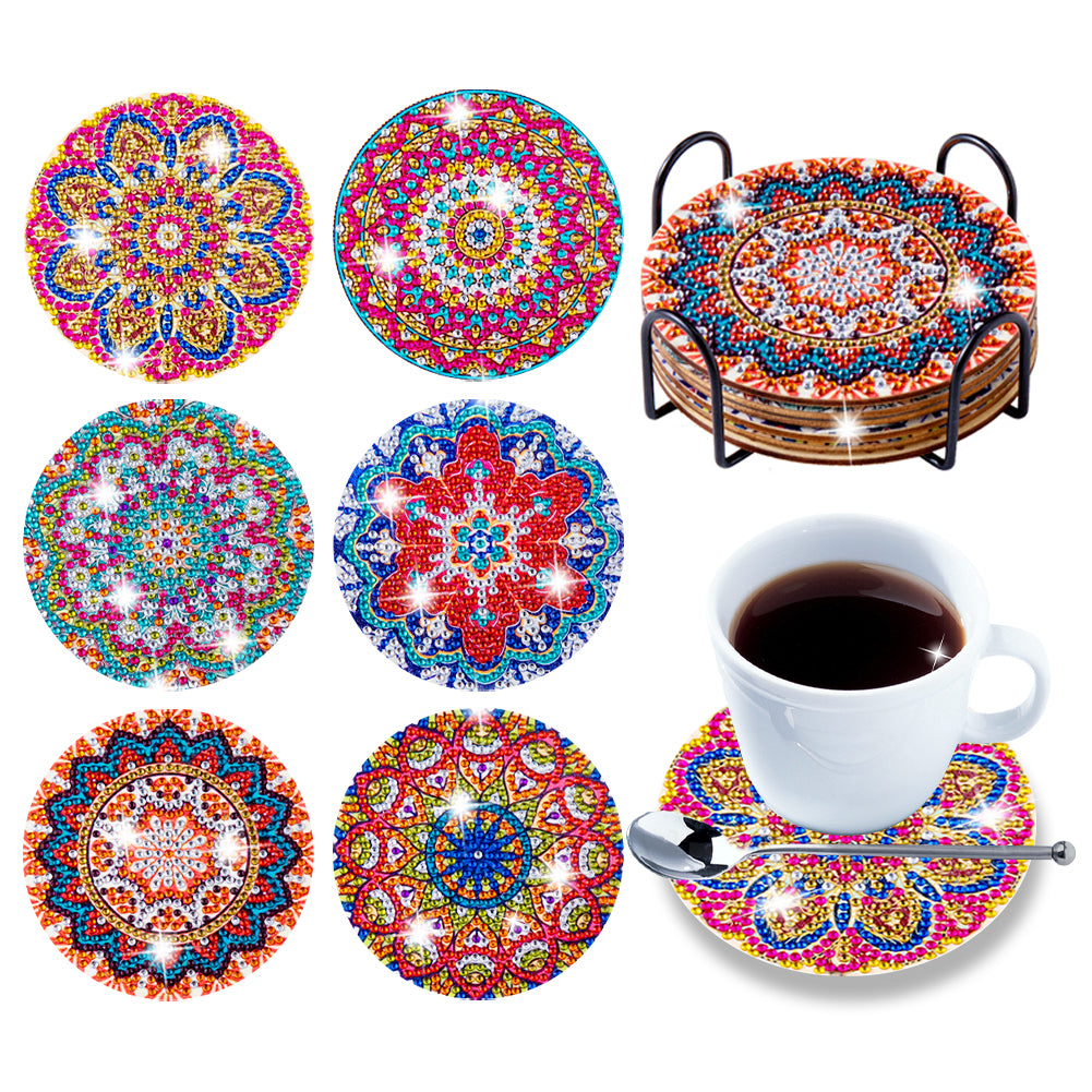 DIY Diamonds Painting Coaster Datura Wooden Cup Mat with Rack Home Decor (BD015)