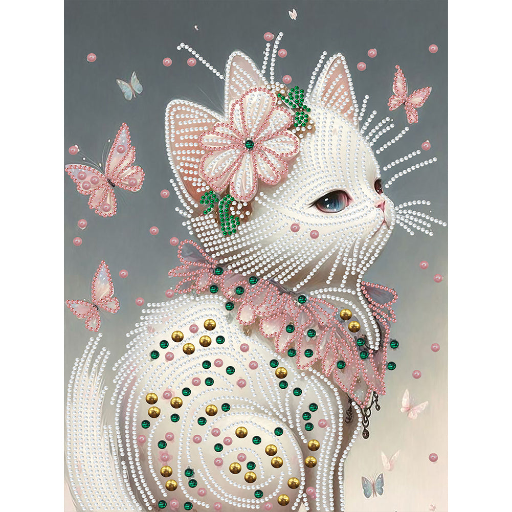 White Butterfly Cat 30*40CM(Canvas) Partial Special Shaped Drill Diamond Painting