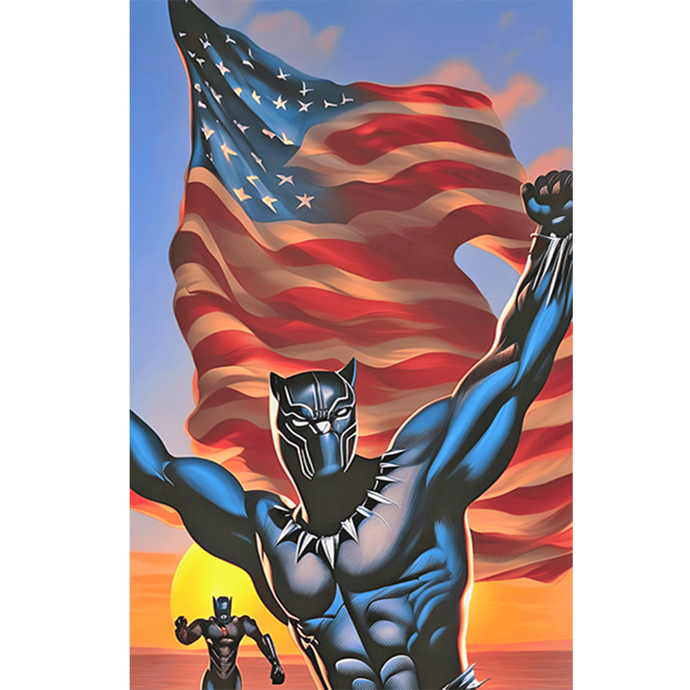 Black Panther With American Flag 40*60CM(Canvas) Full Round Drill Diamond Painting