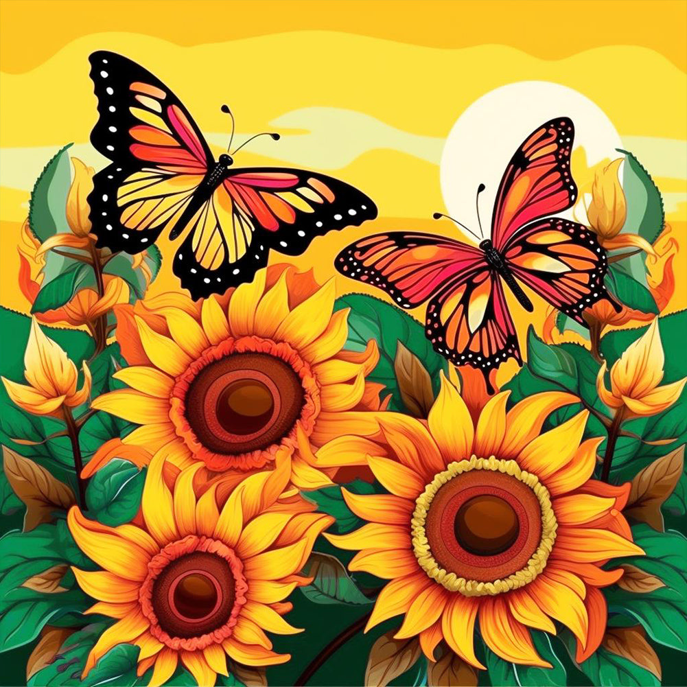 Butterfly And Sunflower 30*30CM(Canvas) Full Round Drill Diamond Painting