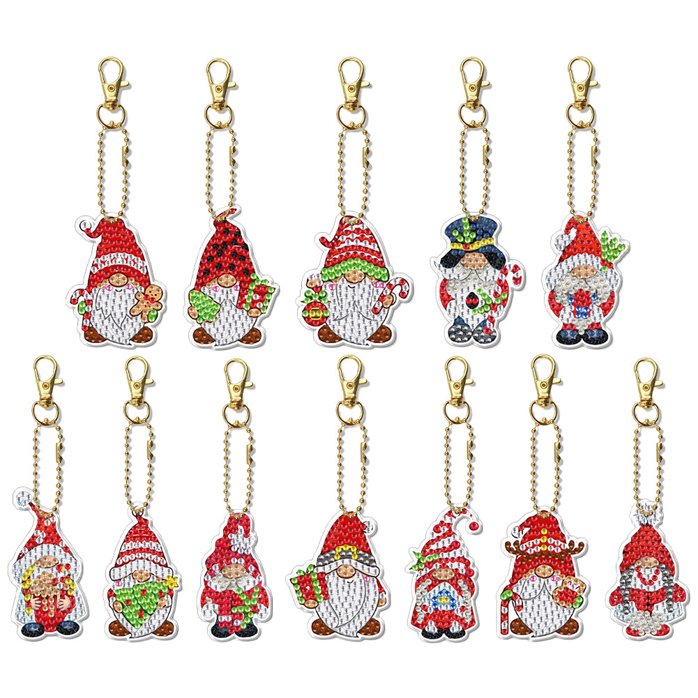 12pcs Diamond Art Key Rings for Beginners Home Decoration (Red Hat Gnome)