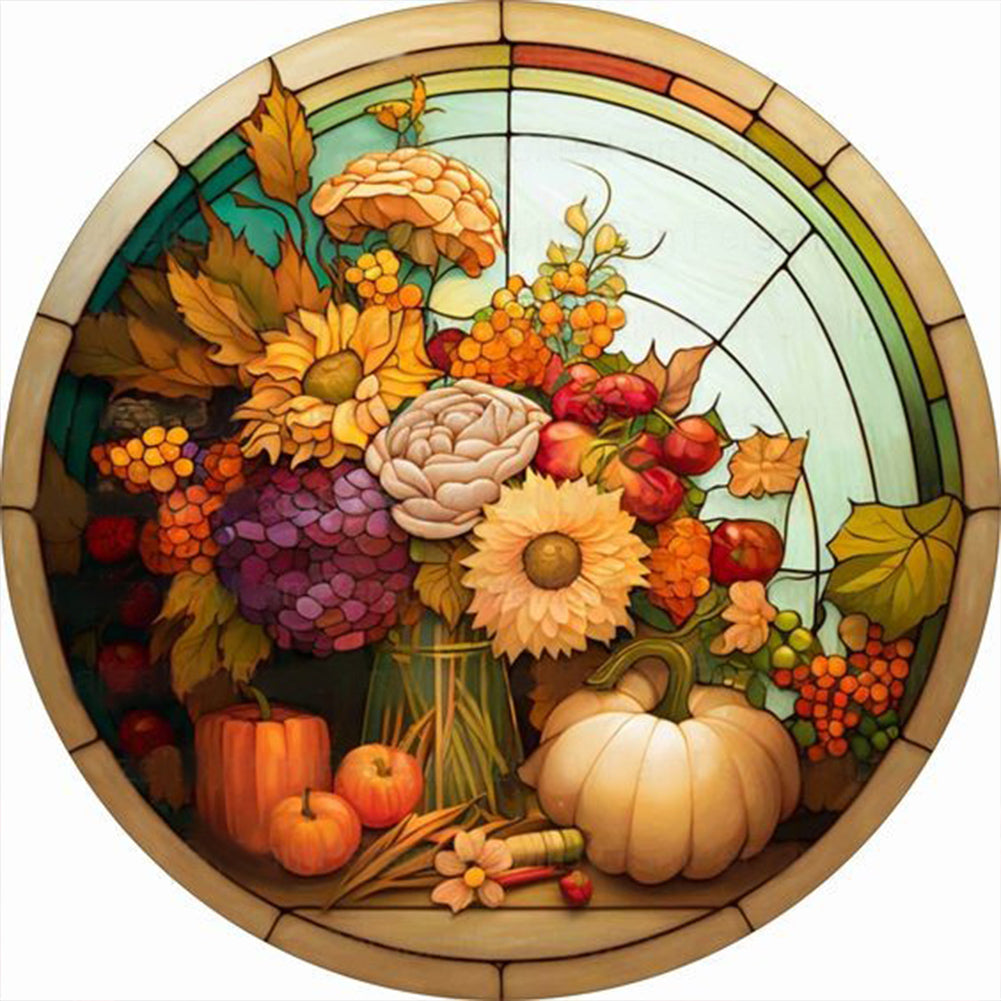 Round Plate Glass Painting - Pumpkin Sunflower 30*30CM(Canvas) Full Round Drill Diamond Painting