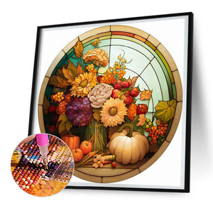 Round Plate Glass Painting - Pumpkin Sunflower 30*30CM(Canvas) Full Round Drill Diamond Painting