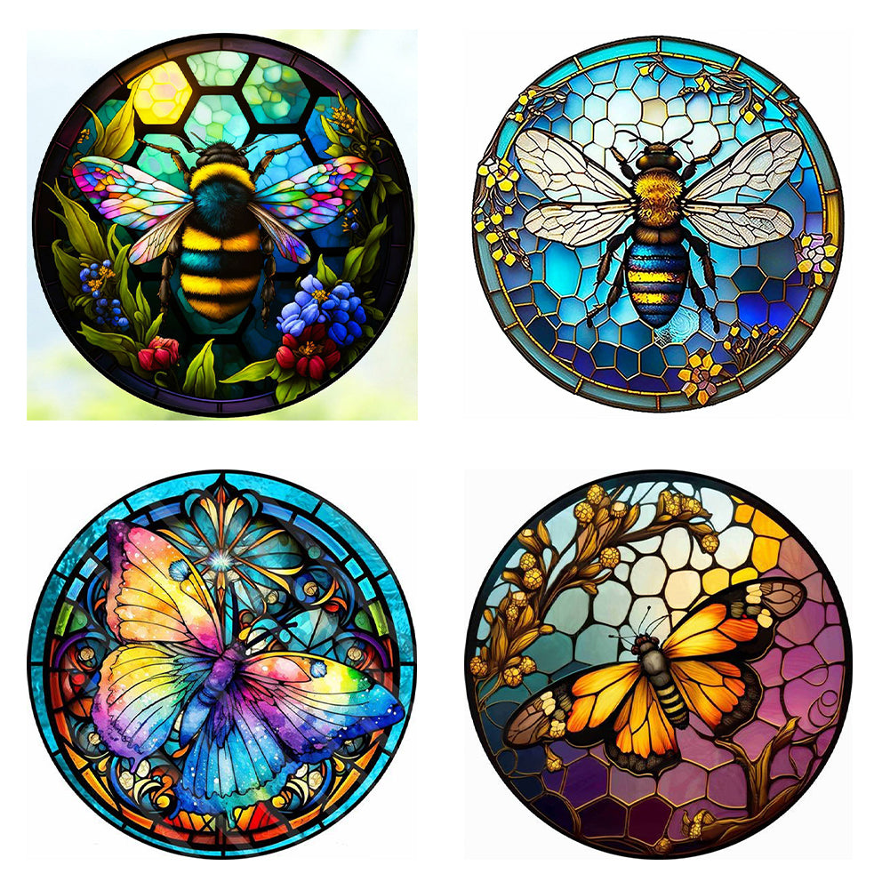 Round Plate Glass Painting - Butterfly Bee 30*30CM(Canvas) Full Round Drill Diamond Painting