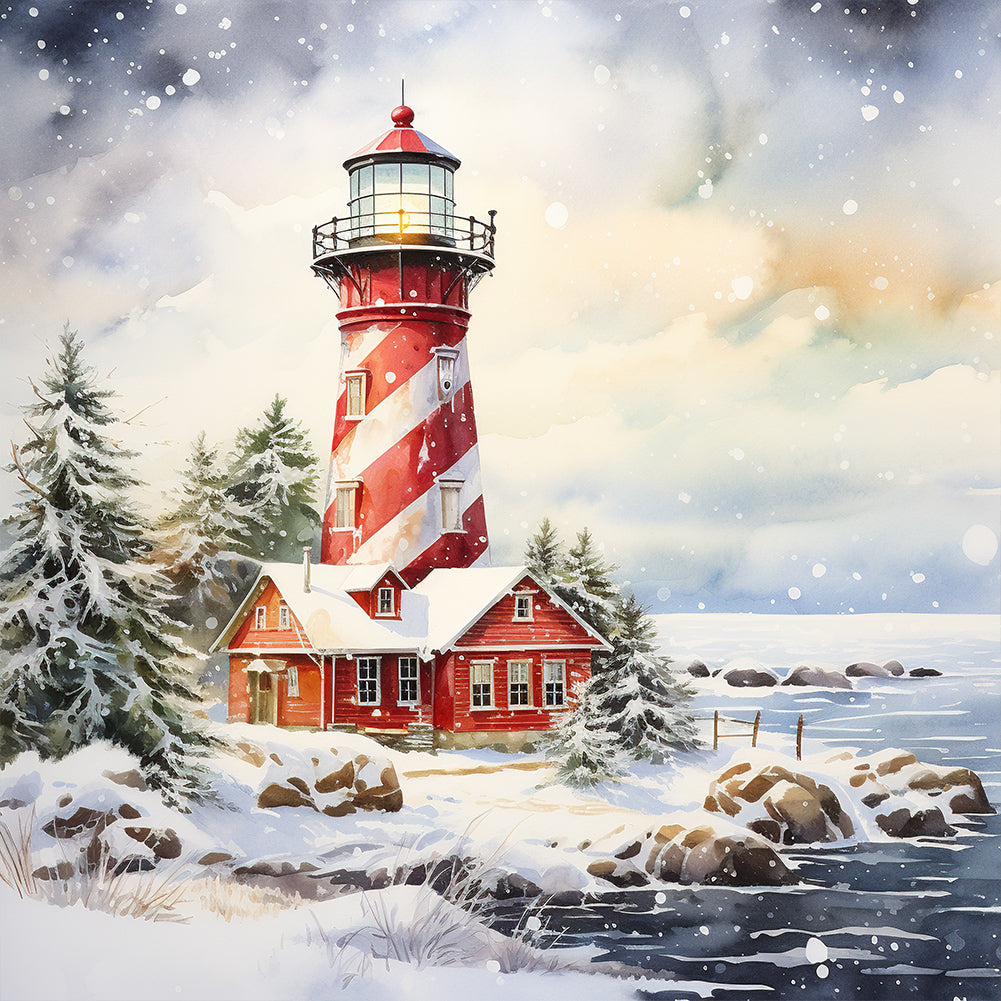 Christmas Winter Snowflake Lighthouse 30*30CM(Canvas) Full Round Drill Diamond Painting