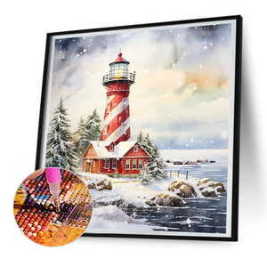 Christmas Winter Snowflake Lighthouse 30*30CM(Canvas) Full Round Drill Diamond Painting