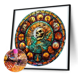 Halloween Pumpkin Skeleton Haunted House Glass Painting 30*30CM(Canvas) Full Round Drill Diamond Painting