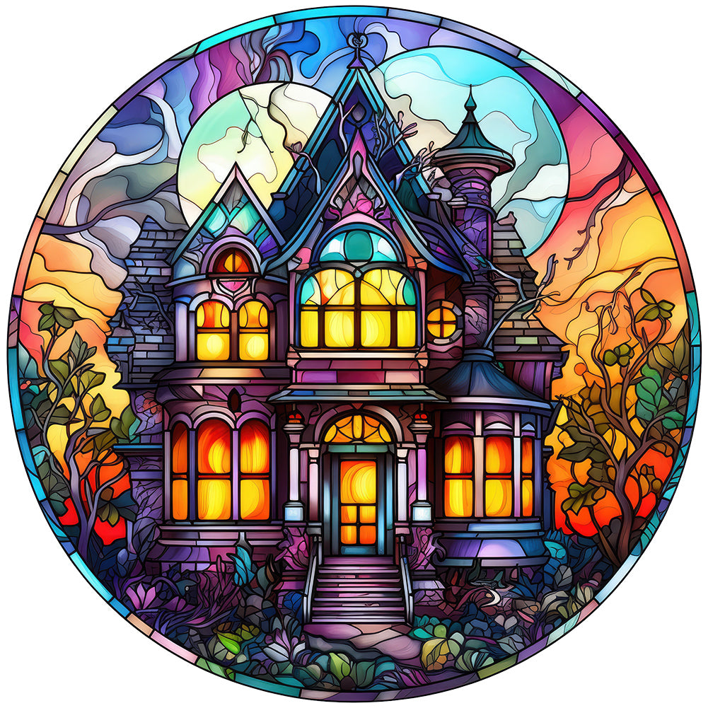 Halloween Pumpkin Skeleton Haunted House Glass Painting 30*30CM(Canvas) Full Round Drill Diamond Painting