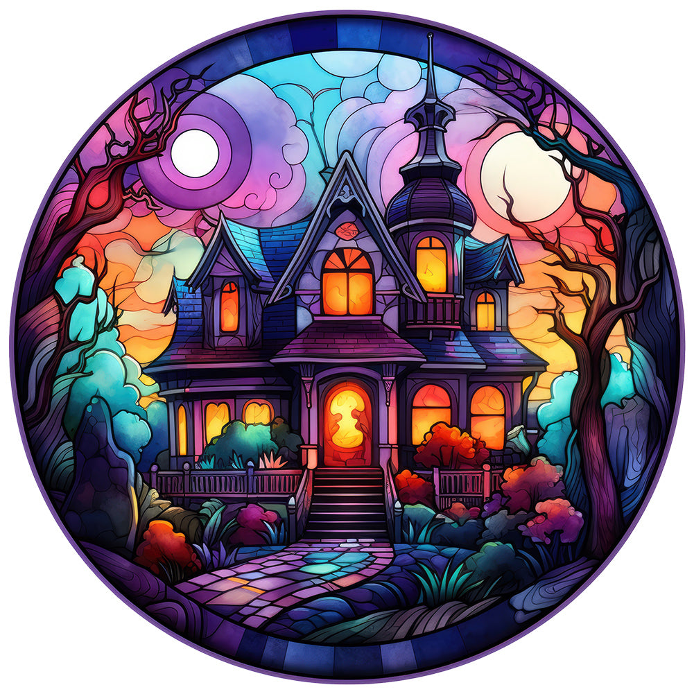 Halloween Pumpkin Skeleton Haunted House Glass Painting 30*30CM(Canvas) Full Round Drill Diamond Painting