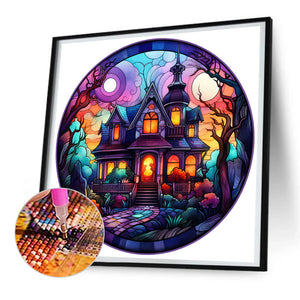 Halloween Pumpkin Skeleton Haunted House Glass Painting 30*30CM(Canvas) Full Round Drill Diamond Painting