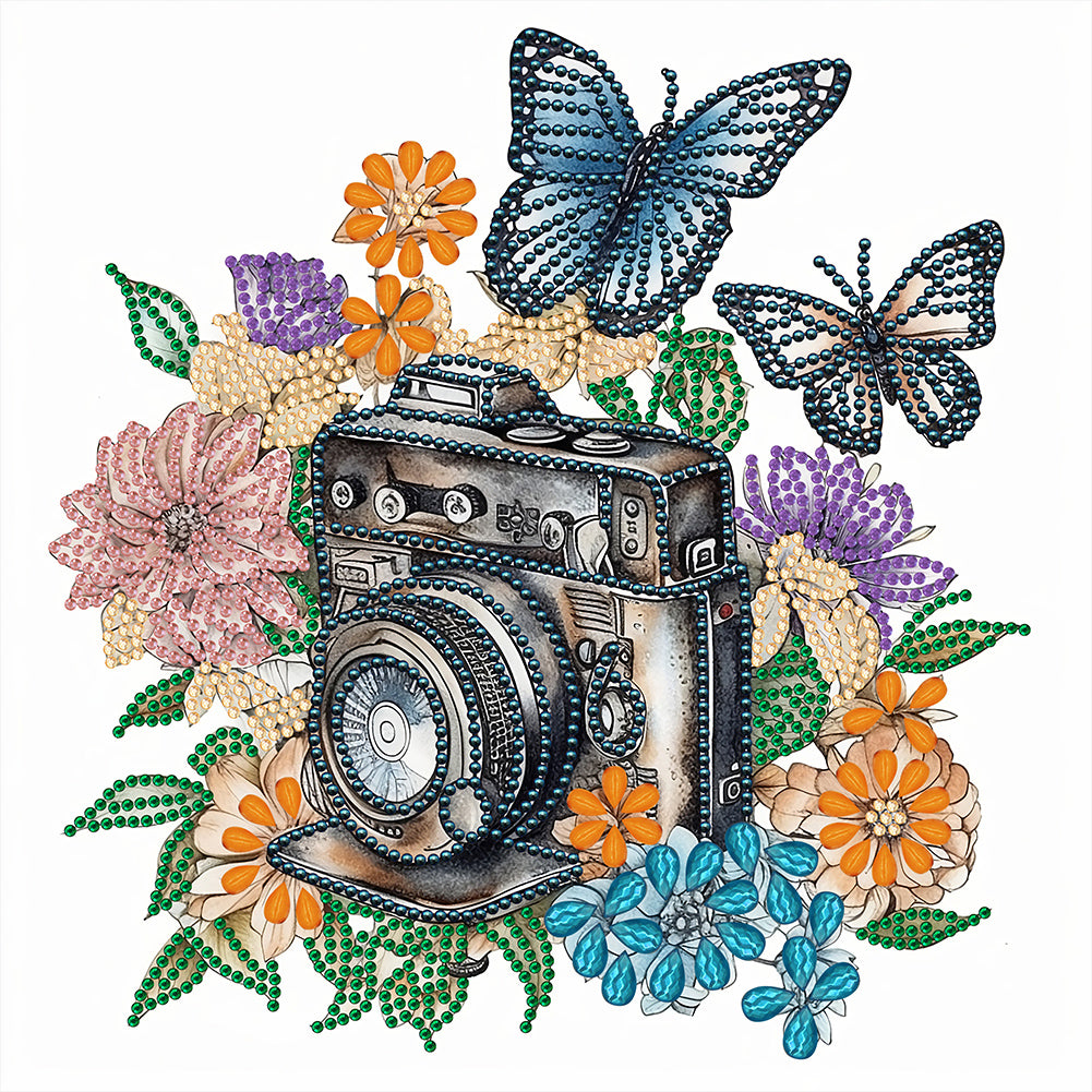 Butterfly Flower Nostalgic Camera 30*30CM(Canvas) Partial Special Shaped Drill Diamond Painting