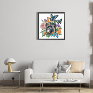 Butterfly Flower Nostalgic Camera 30*30CM(Canvas) Partial Special Shaped Drill Diamond Painting