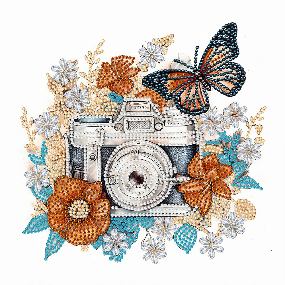 Butterfly Flower Nostalgic Camera 30*30CM(Canvas) Partial Special Shaped Drill Diamond Painting