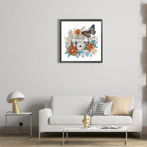 Butterfly Flower Nostalgic Camera 30*30CM(Canvas) Partial Special Shaped Drill Diamond Painting