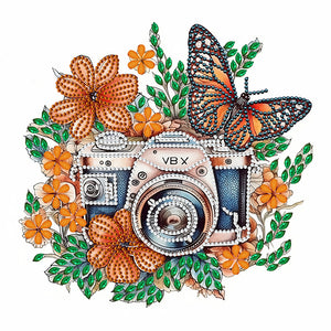 Butterfly Flower Nostalgic Camera 30*30CM(Canvas) Partial Special Shaped Drill Diamond Painting