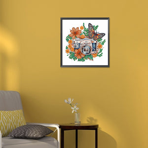 Butterfly Flower Nostalgic Camera 30*30CM(Canvas) Partial Special Shaped Drill Diamond Painting