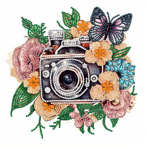 Butterfly Flower Nostalgic Camera 30*30CM(Canvas) Partial Special Shaped Drill Diamond Painting