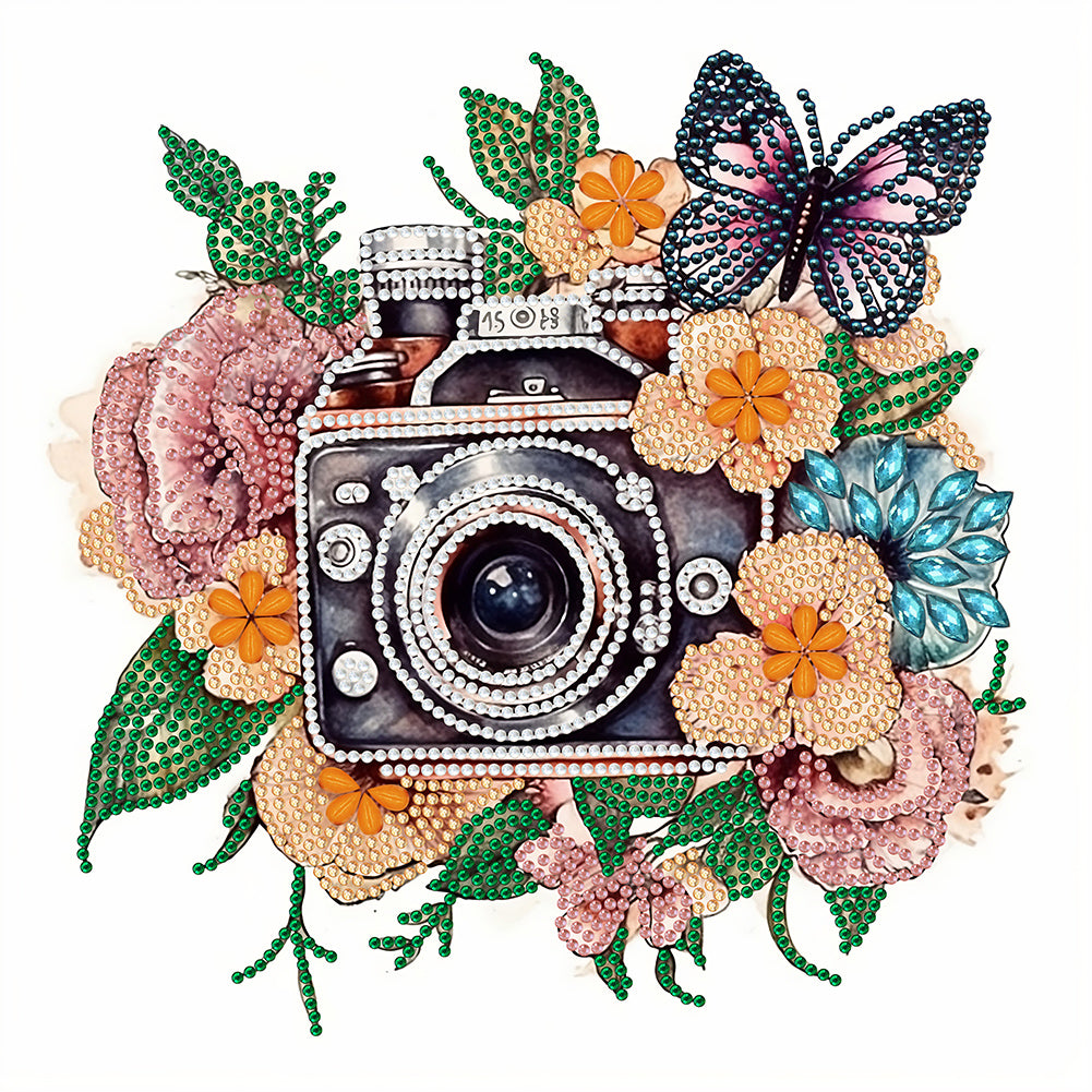 Butterfly Flower Nostalgic Camera 30*30CM(Canvas) Partial Special Shaped Drill Diamond Painting