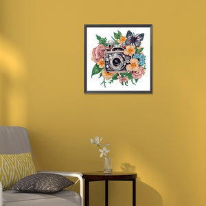 Butterfly Flower Nostalgic Camera 30*30CM(Canvas) Partial Special Shaped Drill Diamond Painting