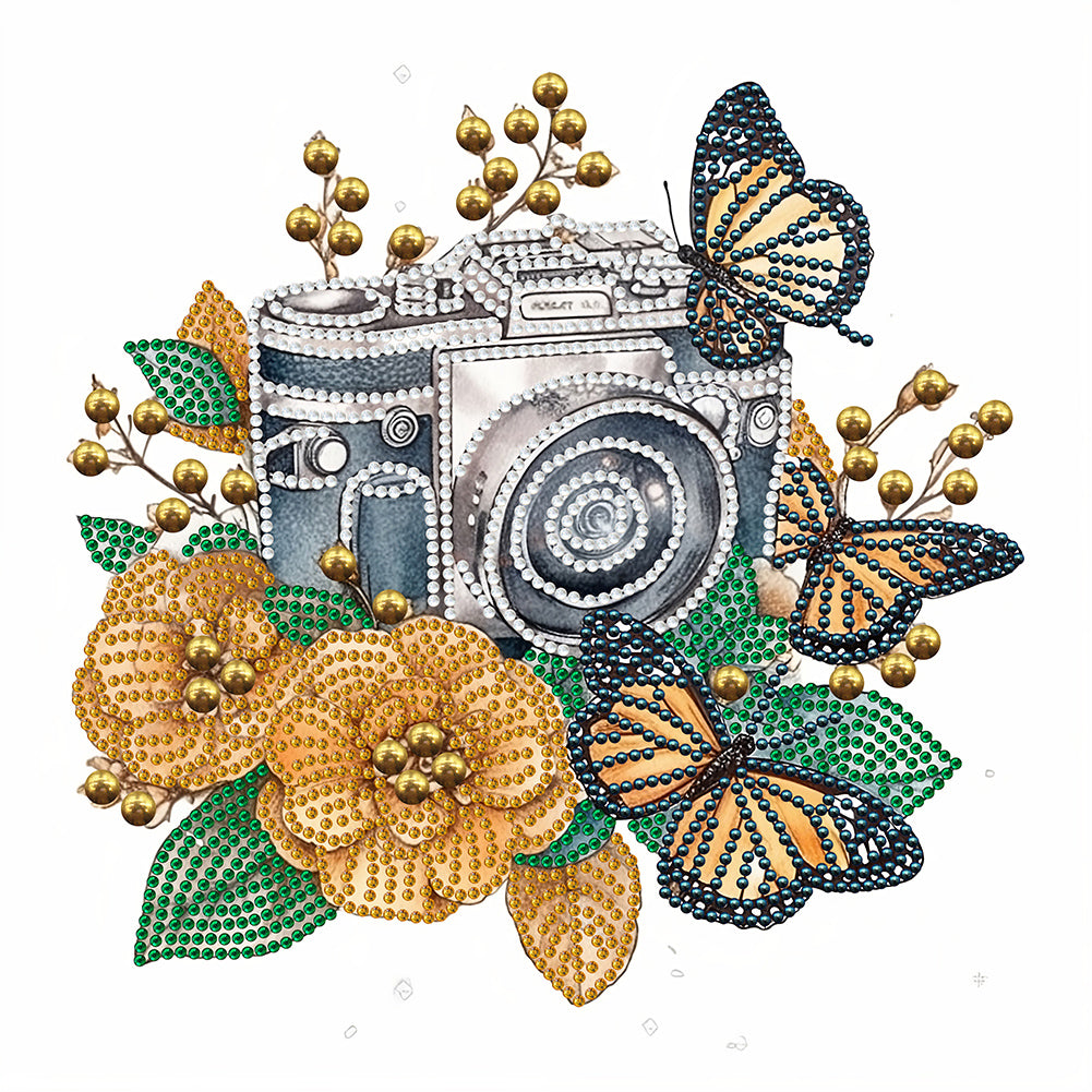 Butterfly Flower Nostalgic Camera 30*30CM(Canvas) Partial Special Shaped Drill Diamond Painting