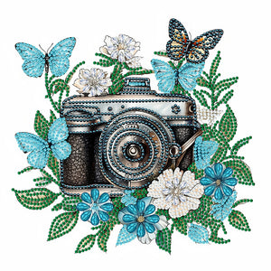 Butterfly Flower Nostalgic Camera 30*30CM(Canvas) Partial Special Shaped Drill Diamond Painting