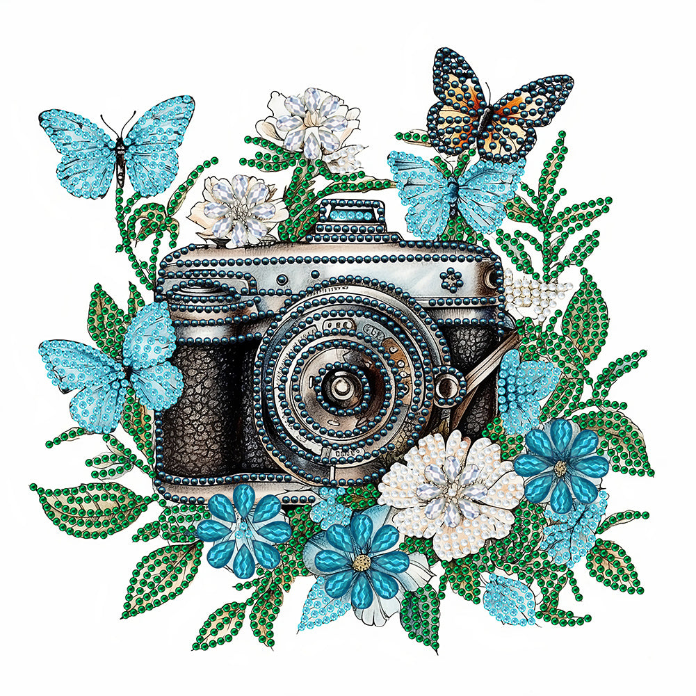 Butterfly Flower Nostalgic Camera 30*30CM(Canvas) Partial Special Shaped Drill Diamond Painting