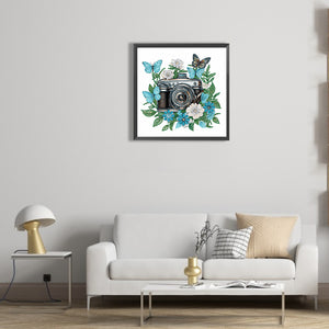 Butterfly Flower Nostalgic Camera 30*30CM(Canvas) Partial Special Shaped Drill Diamond Painting